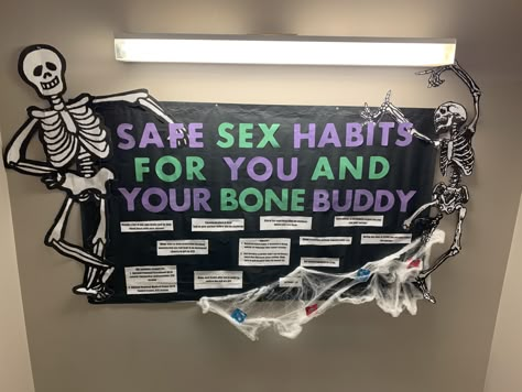 Halloween Dorm Hall Decorations, Halloween Consent Bulletin Board, Resident Assistant Bulletin Boards Halloween, Community Themed Bulletin Boards, Ra Halloween Programs, October Bulletin Boards For College, Academic Ra Bulletin Board, Where Is Your Ra Board, Skeleton Bulletin Board Ideas