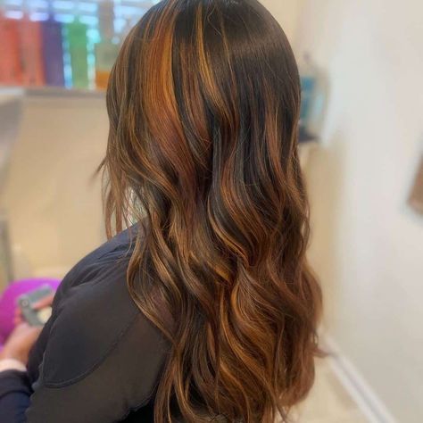 Brown Hair With Orange Balayage, Black And Orange Highlights, Dark Orange Balayage, Orange Hair Black Highlights, Dark Brown With Orange Highlights, Brunette Hair With Orange Highlights, Orange Hair Highlights Brunettes, Dark Hair Orange Highlights, Dark Hair Ginger Highlights