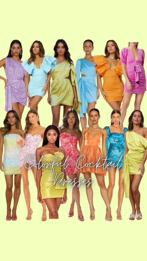 Bright Colored Bachelorette Outfits, Bright Color Cocktail Dress, Sorority Formal Dresses Short, Semi Formal Dress Sorority, Miami Cocktail Attire, Sorority Cocktail Dress, Date Party Dress Sorority, Bright Color Dresses Bachelorette, Semi Formal Spring Dresses