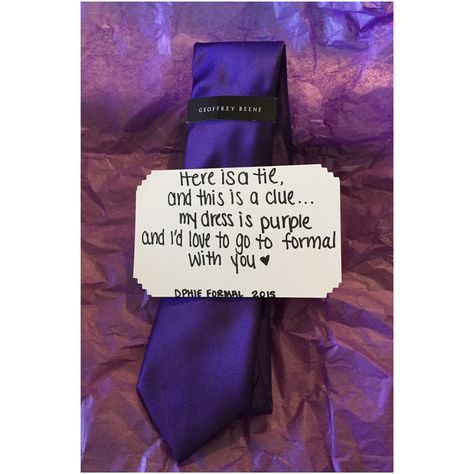 "Here is a tie and this is a clue. My dress is purple and I'd love to go to formal with you." How to say yes, yes, tie, blunt, note, poem Asking To Homecoming, Formal Proposals, Cute Promposals, School Dance Ideas, Cute Homecoming Proposals, Cute Prom Proposals, Asking To Prom, Dance Proposal, Sadie Hawkins