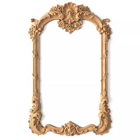 Baroque style beech arched hanging frame mirror#additional-separator##additional-separator#This wooden frame is made in the charming Baroque style. It has an elongated rounded shape, the surface of which is decorated with a delightful pattern with plant and floral elements. A truly pompous, luxurious composition gives some statuesque and refined notes. The top is made in the form of an arch, this design solution create some soft, elegant features. The product is intended for framing mirrors used Wooden Mirror Frame Design, Baroque Mirror Frame, Framing Mirrors, Carved Mirror Frame, Wooden Frame Mirror, Object Reference, Carved Mirror, Baroque Frame, Baroque Mirror