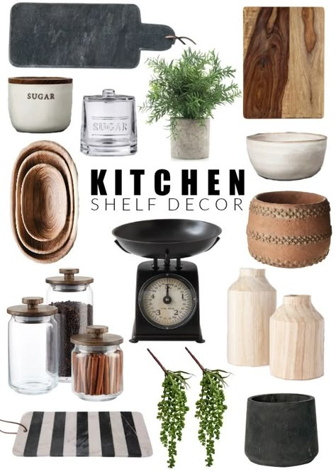 Beautiful home decor to perfectly style open kitchen shelves! #kitchendecor #kitchen #kitchendecorating #budgetdecor #shelfdecor #neutraldecor #openshelves Styling Open Kitchen Shelves, Kitchen Shelf Styling, Kitchen Countertop Decor, Kitchen Shelf Decor, Countertop Decor, Kitchen Island Decor, Open Kitchen Shelves, Island Decor, Kitchen Shelf