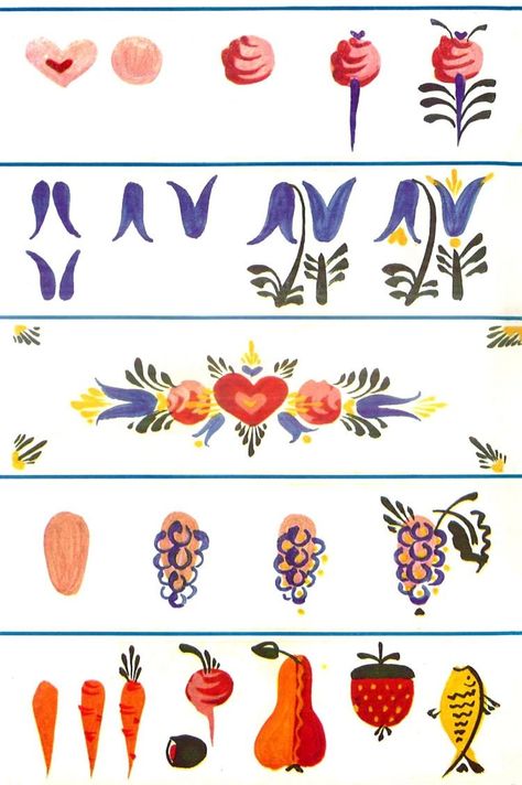 How to make beautiful folk-art paint designs using simple brushstrokes 11 Folk Art Painted Chair, Folk Art Mural, Diy Frühling, Folk Decor, Arte Folk, Polish Folk Art, Folk Art Flowers, Astuces Diy, Folk Design