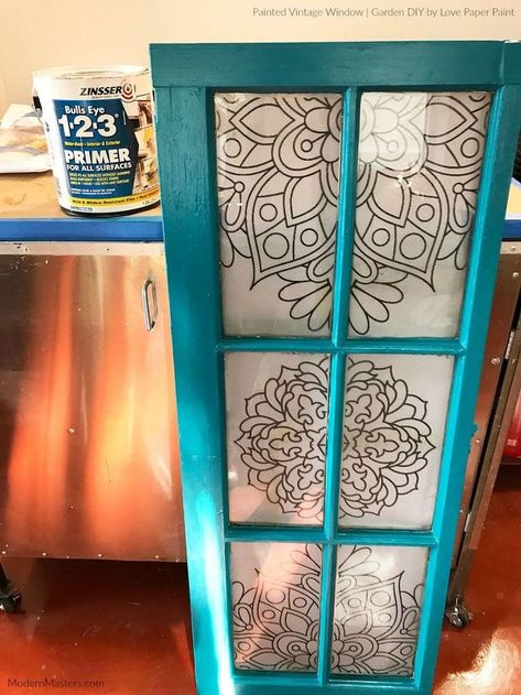 Dress up your outdoor decor with this colorful DIY Painted Vintage Window project by Katie Gaines from Love Paper Paint! She says, “I’ve had an old glass pane window sitting in my studio for a few years, just collecting dust and spider webs. It needed a little love and a chance to shine again and I thought it would be fun to repurpose this lonely window into a colorful garden decoration. My style is a bit global-boho, so I imagined this window creating an uplifting vibe in a medita… Window Art Diy, Painting On Glass Windows, Old Window Projects, Window Crafts, Vintage Window, Window Projects, Door Paint Colors, Glass Window Art, Painted Front Doors