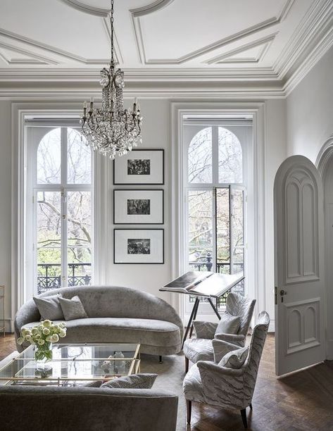 Traditional French Living Room. Paris, France. White walls and ornate molding on the walls and ceiling. wanderlust, white, architecture, and palace image. Herringbone parquet wood floors, crown molding trim, beautiful moulding on the white walls and ceiling. Lots of windows and natural light. Parisian style apartment home. New York Townhouse, Nyc Townhouse, Design Hall, Baz Luhrmann, Living Room Diy, Room Interior Design, A Living Room, Elegant Homes, Minimalist Living Room