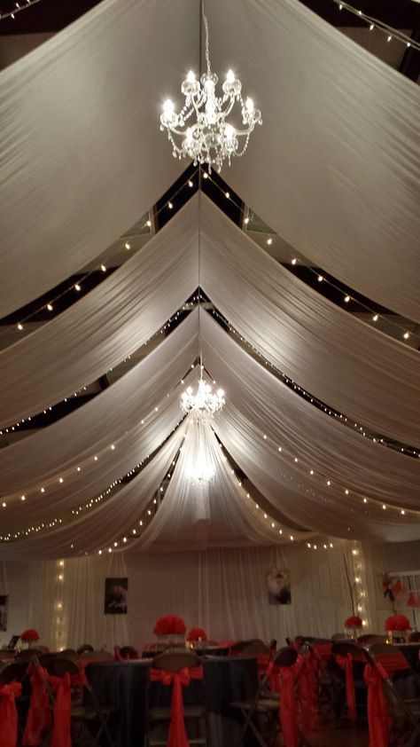 Ceiling Draping Wedding, Tac Mahal, Vintage Wedding Reception, Draping Wedding, Wedding Ceiling, Ceiling Draping, Prom Decor, Hall Decor, Wedding Hall