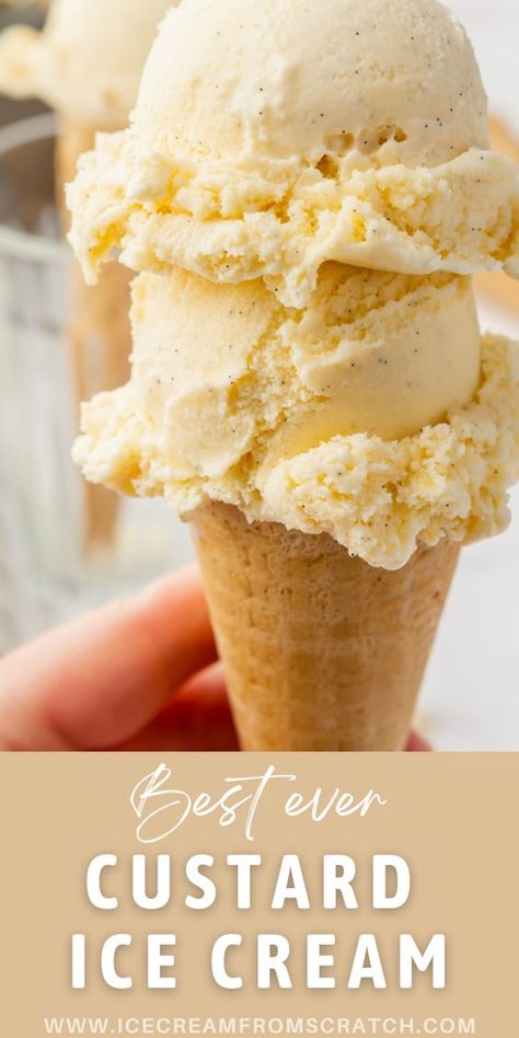 If you're looking for a classic, velvety smooth ice cream, look no further than this recipe for Custard Ice Cream. It's made with simple ingredients like eggs, milk, and cream and sure to become a new favorite in your dessert rotation. Save this to your ice cream recipes board to make anytime you need a sweet treat. Recipe For Custard, Frozen Custard Recipes, Custard Ice Cream Recipe, Homemade Ice Cream Recipes Machine, I Lost 100 Pounds, Best Homemade Ice Cream, Ice Cream Recipes Machine, Custard Ice Cream, Cuisinart Ice Cream