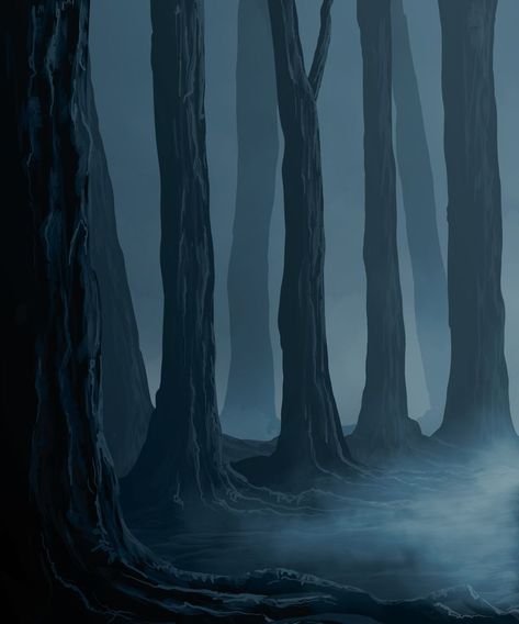 Painting of a mist cold dark forest. Dark Forest Artwork, Dark Landscape Illustration, Dark Forest Reference, Misty Forest Drawing, Dark Landscape Drawing, Medieval Forest Art, Dark Woods Illustration, Dark Forest Digital Art, Foggy Woods Painting