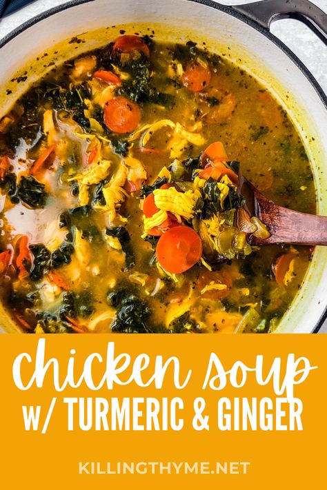 This warming golden chicken soup with turmeric and ginger is packed with anti-inflammatory ingredients to soothe and fight flare ups! #chickensoup #antiinflammatory #antiinflammation #turmeric #ginger #healthy #hearthealth #functionalnutrition Ginger Tumeric Recipes, Turmeric Soup Recipes, Turmeric And Ginger Soup, Anti Inflammation Crock Pot Recipes, Ginger Turmeric Soup, Antiinflammatory Soup Crockpot, Anti Inflammation Soup, Fresh Turmeric Recipes, Tumeric Chicken Soup Recipe