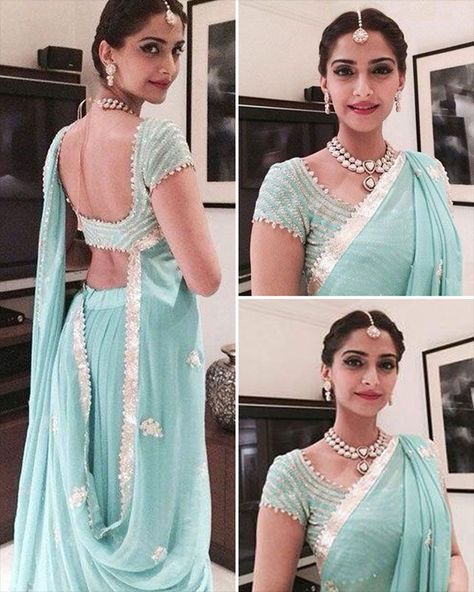 Sonam Kapoor Blue Saree Jewellery, Blue Lehenga Jewellery Ideas, Brides Lehnga, Lehenga Jewellery Ideas, Sonam Kapoor Hairstyles, Mehndi Lehenga, Sonam Kapoor Saree, Sky Blue Lehenga, Dupatta Draping