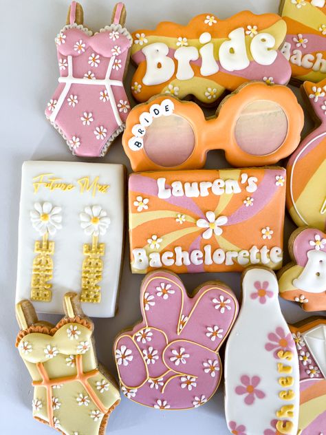 Groovy Bridal Shower Cookies, Groovy Bachelorette Cookies, Dazed And Engaged Bachelorette Cookies, Bachelorette Groovy Theme, Dazed And Engaged Cookies, Bachelorette Sweets, Groovy Bridal Shower Ideas, Retro Bachelorette Party Decor, Bachelorette Cookie Ideas