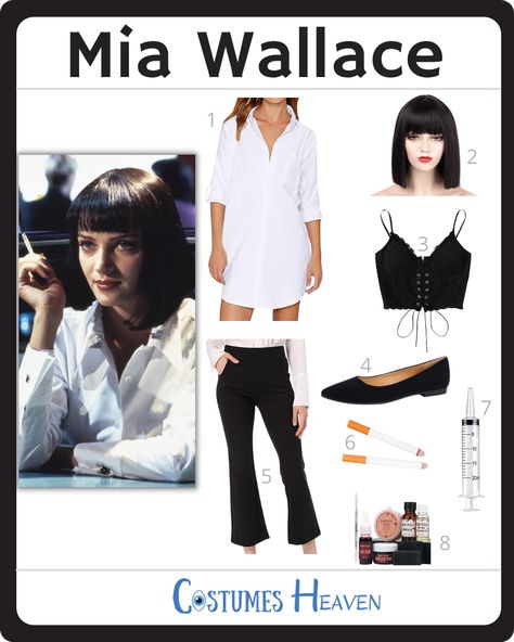 Cool Female Movie Characters, Mia Costume Pulp Fiction, Pulp Fiction Cosplay, Fictional Characters Outfit Ideas, Halloween Costumes Pulp Fiction, Fictional Character Costume Ideas, Fictional Character Costumes, Mia Pulp Fiction Halloween, Pulp Fiction Mia Wallace Costume