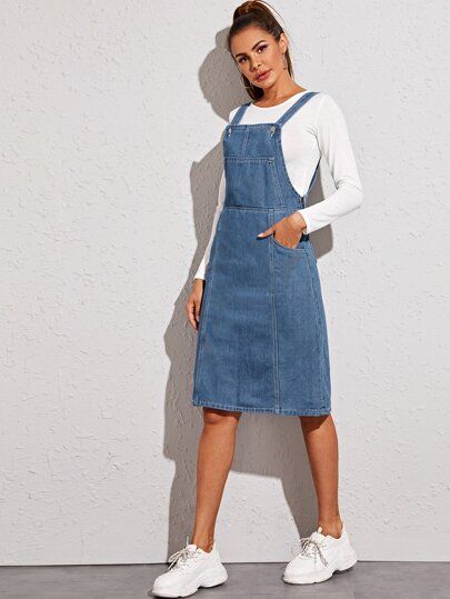 Free Returns ✓ Free Shipping On Orders $49+ ✓. Pocket Side Split Back Dungaree Dress- Denim Dresses at SHEIN. Dungarees Outfits, Dungaree Outfit, Dungaree Skirt, Casual Frocks, Dungaree Dress, Frock For Women, Denim Overall Dress, Modest Clothing, Fashion Dresses Casual