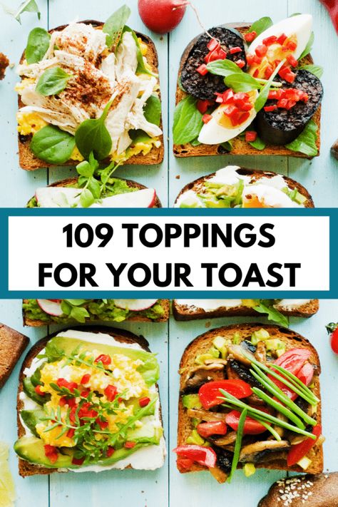 These 109 toppings for toast can be mixed and matched for fun and delicious toast. Tips to make healthy toast toppings, too! Healthy Toast Toppings, Blueberry Toast, Gourmet Toast, Sourdough Toast, Healthy Toast, Simple Healthy Recipes, Toast Sandwich, Toast Toppings, Breakfast Toast