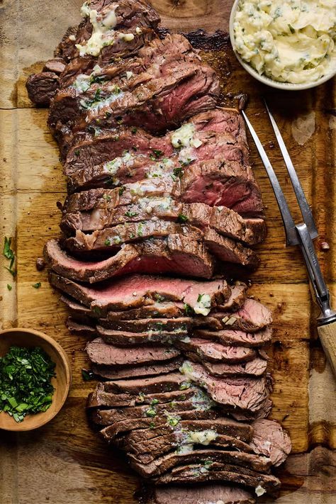 London Broil With Garlic Herb Butter, London Broil Recipes Stove Top, London Broil Fajitas, Top Round London Broil Recipes, London Broil In The Oven, Grilled Flank Steak With Chimichurri, Broil Flank Steak, Marinated London Broil, Rosemary Marinade