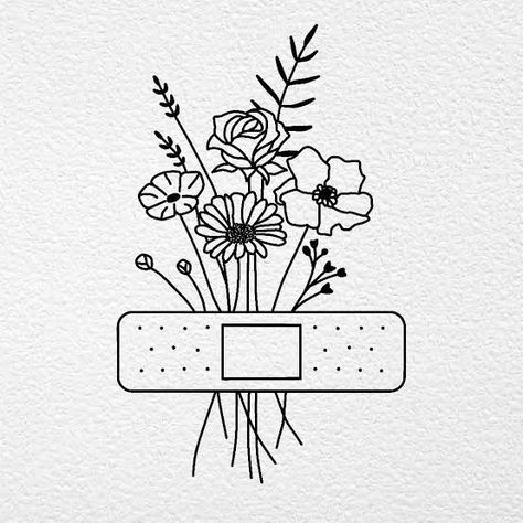 Line Art Easy Simple, Body Doodles Simple, Aesthetic Zentangle Art, Simple Doodles Flowers, Band Aid Flower Tattoo, Simple Line Art Aesthetic, Simple Hippie Tattoos, Line Art Drawings Aesthetic, Plant Drawings Simple