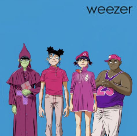 Weezer blue album gorillaz cracker island Gorillaz Cracker Island, Weezer Blue, Cartoons Band, Monkeys Band, Jamie Hewlett, Gorillaz Art, Funky Music, Damon Albarn, Buddy Holly