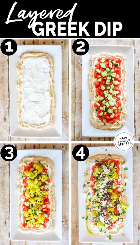 This is THE BEST DIP RECIPE EVER! This easy layered greek dip is quick to make, requires no cooking, and people rave about it every time it is served. It is kind of like a seven layer greek dip where all of the ingredients are layered on top of each other to form a fresh, healthy party dip perfect for an appetizer or neighborhood BBQ. Serve this easy greek layer dip with fresh pita or chips. Greek Dip 7 Layer, Hummus Dip Layered, Greek Layered Hummus Dip, 7 Layer Greek Dip, Layered Greek Dip, Healthy Party Dips, Greek Dip Recipes, Greek Layer Dip, Party Appetizer Dips