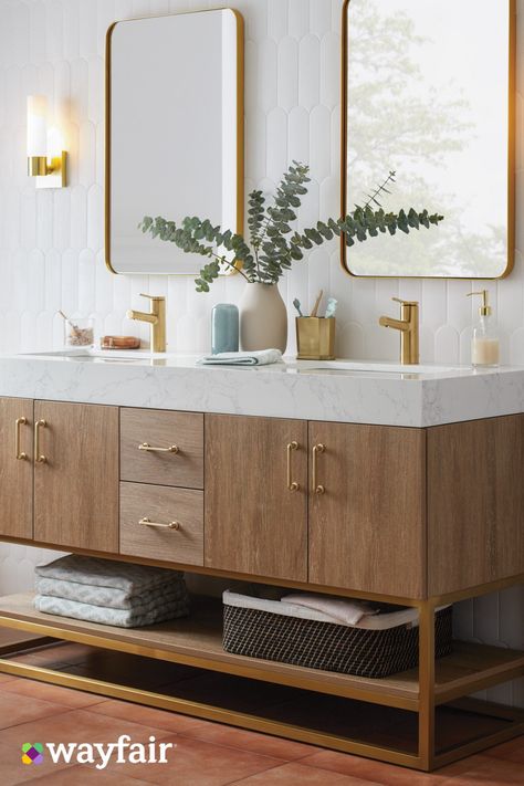 With a (preassembled!) double vanity, under-the-sink storage, and gold hardware, you can organize it all, revamp, and see your bathroom in a whole new light (for less). Mid Century Bathroom Vanity, Bespoke Bathroom, Mid Century Modern Bathroom, Mid Century Bathroom, Renovation Design, Bathroom Vanity Cabinets, Modern Bathroom Vanity, Bathroom Renos, House Bathroom