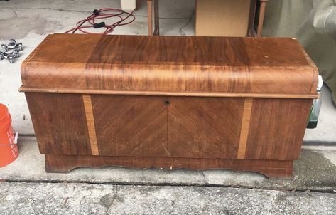 Repurpose Trunk Ideas, Hope Chest Painted, Upcycle Cedar Chest Ideas, Redo Chest Trunk, Old Cedar Chest Ideas, Redoing An Old Cedar Chest, Add Cushion Top To Cedar Chest, Cedar Chest Styling, Refinishing Cedar Chest