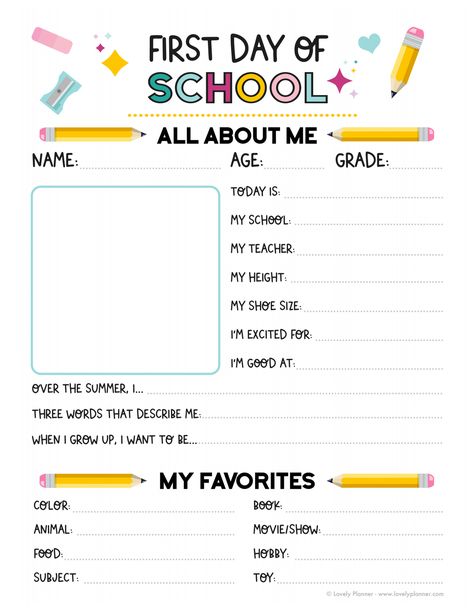 PDF - First and Last Day of School Interviews - by Lovely Planner.pdf First Day Of Primary School, First Day Of School Interview, Classroom Objects, School Interview, Free Homeschool Printables, Words That Describe Me, Homeschool Printables, Planner Pdf, Free Homeschool