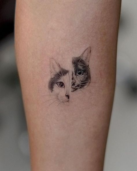 Tattoo Of Two Cats, Cute Pet Tattoo Ideas, Cat Idea Tattoo, Two Cats Tattoo Ideas, Cat Lion Tattoo, Small Cat Portrait Tattoo, Tattoos Of Pets, Small Two Cat Tattoo, Simple Cat Portrait Tattoo