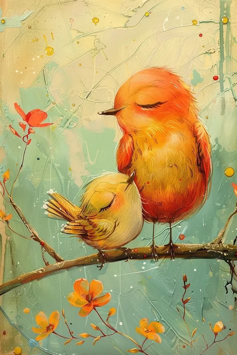 Midjourney AI Image: Adorable Mother bird and baby bird smiling and looking lovingly towards each other, whimsical, prett... → more in ai-img-gen.com Love Birds Painting, Birding Journal, Mother Bird, Inspirational Illustration, Whimsical Paintings, Baby Bird, Two Birds, Pretty Birds, Bird Illustration