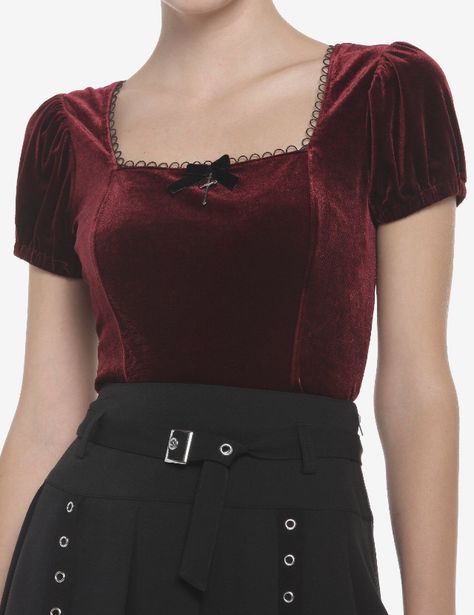 Red Velvet Top Outfit, Red Velvet Shirt, Red Velvet Top, Girls Corset, Feminine Wardrobe, Scalloped Neckline, Girls Vest, Velvet Crop Top, Velvet Shirt