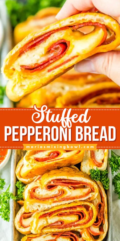 Learn how to make Stuffed Pepperoni Pizza Bread! This 4th of July appetizer recipe is so easy. Wonderfully cheesy and fun to eat, this pepperoni stuffed bread is sure to be a hit! Serve this party food idea with marinara sauce! Pepperoni Roll Appetizers, Garlic Butter Pepperoni Rolls, Easy Stuffed Bread Recipes, Pepperoni Rolls With Pizza Dough, Stuff Bread Recipes, Stuffed Breads Recipes, Pepperoni Bread With Pizza Dough, Peporoni Rolls, Bread Ring Recipes