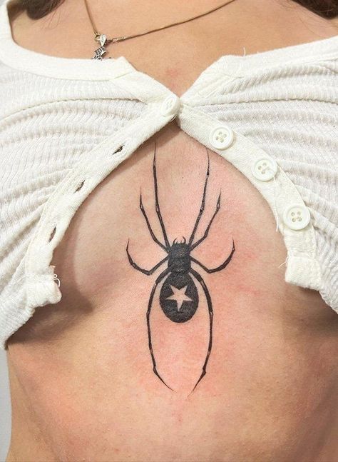 Spider Star Tattoo, Spider Tattoo For Women Leg, Spider Shin Tattoo, Y2k Spider Tattoo, Spider Web Tattoo On Breast, Drawing On Skin Ideas, Red Spider Tattoo, Spider Hip Tattoo, Tattoo Ideas Spider