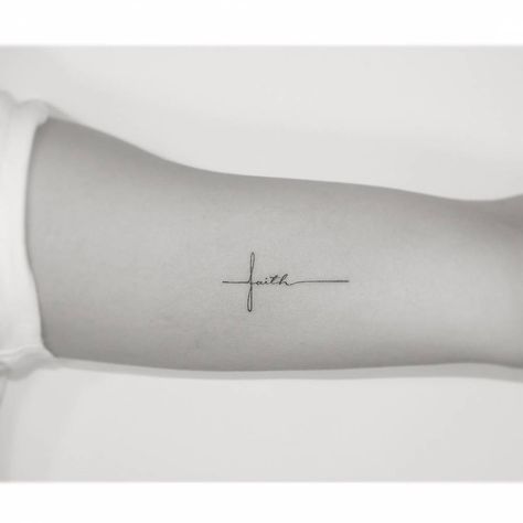 Faith Minimalist Tattoo, Cristian Tattoo Design For Women, Faith Fine Line Tattoo, Bicep Band Tattoo For Women, Fineline Christian Tattoo, Cross With Words Tattoo, Cross Faith Tattoo, Minimal Cross Tattoo, Faith Tattoo Ideas For Women