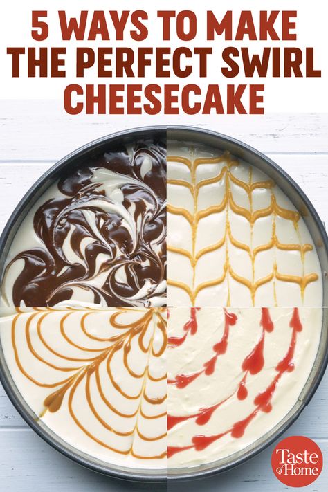 Decorating Top Of Cheesecake, Caramel Swirl Cheesecake Recipes, Cheesecake With Chocolate Swirl, Fancy Cheesecake Decorations, Cheesecake Garnish Ideas, How To Make Swirls On Cake, Cheesecake Swirl Recipes, Cherry Swirl Cheesecake, Decorative Cheesecakes