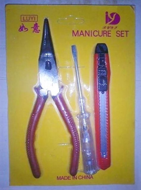 It might seem to be a bit painful but these manufacturers translated a tool kit to read 'manicure set' Translation Fail, Funny Translations, Bad Translations, You Had One Job, Memes Of The Day, Lost In Translation, One Job, Manicure Set, Epic Fails