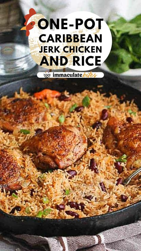 Baked Boneless Skinless Chicken Thighs, Jamaican Rice And Peas Recipe, Girlfriend Flowers, Rice And Peas Recipe, Jerk Chicken And Rice, Jamaican Rice, Jerk Chicken Recipe, Recipes Skillet, Jamaican Cuisine