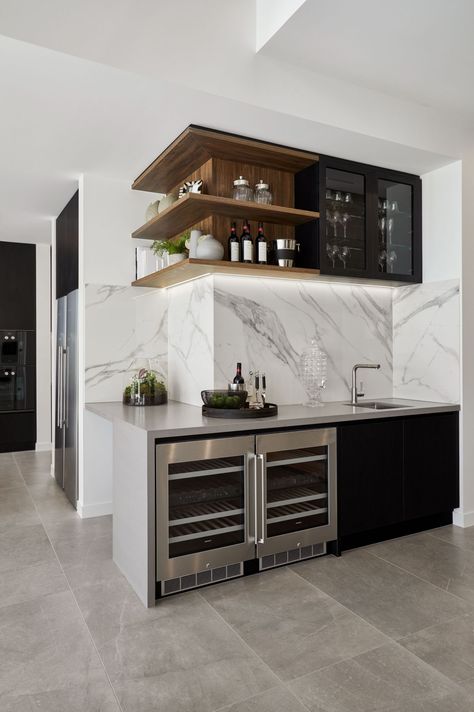 wrap around corner bar design with open shelves and wine fridges under bench Neutral Interior Design, Corner Bar, Corner Kitchen, Neutral Interiors, Large Dining Room, Modern Bar, Open Plan Kitchen, Custom Home Builders, Discount Price