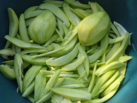 Mango verde picado. Este se come con Alhuashte (pumpkinseed powder), sal, limon y chile Salvadorian Quesadilla Recipe, Salvadorian Quesadilla, Fried Tortilla Chips, Spicy Fruit, Salvador Food, Spinach Side Dish, Mango Verde, Stuffed Breads, Curd Cheese