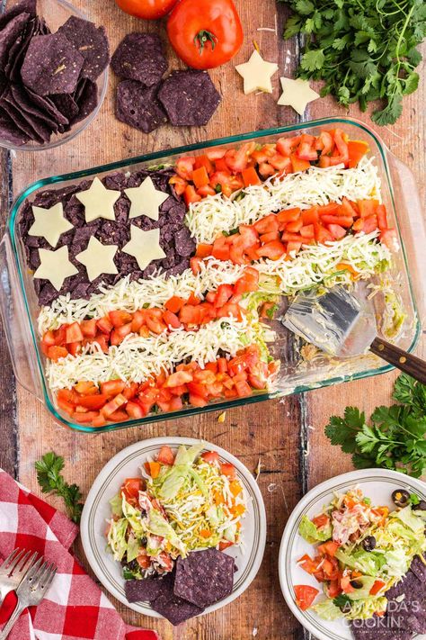 50 Easy DIY July 4th Party Ideas - Making Frugal FUN Blue Party Foods, 4th July Food, Taco Dip Recipe, Tortilla Chip, Fruit Dips Recipes, Yummy Salads, Appetizer Dishes, Taco Dip, Fourth Of July Food