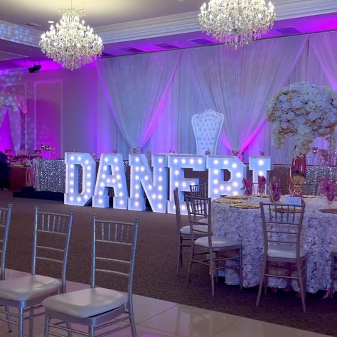 Big Light Letters, Quince Name Letters, Big Light Up Letters, Blue Quinceanera Theme, Butterfly Quince, Sweet Sixteen Decorations, Light Blue Quince, Quince Planning, Purple Sweet 16