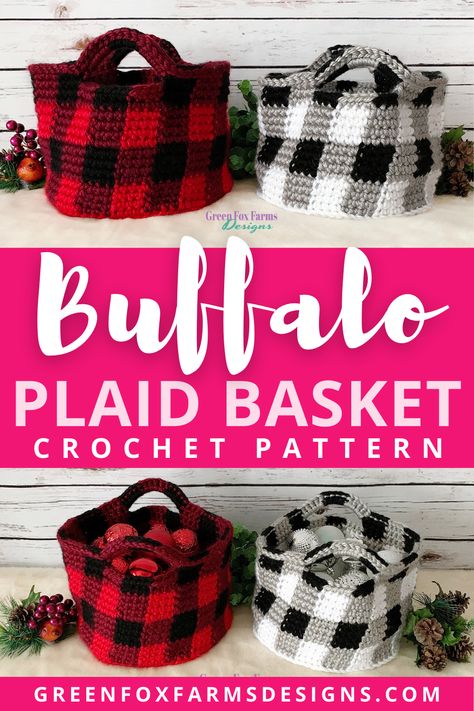 Crochet Christmas Basket Pattern Free, Buffalo Crochet Pattern, Crochet Buffalo Plaid Patterns, Buffalo Plaid Crochet, Crochet Plaid, Plaid Tote Bag, Plaid Crochet, Buffalo Plaid Decor, Buffalo Plaid Pattern