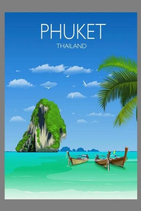 A bright and vibrant poster of stunning Phuket, Thailand. Phuket, a rainforested, mountainous island in the Andaman Sea, has some of Thailand's most popular beaches, mainly situated along the clear waters of the western shore. Part of our beautiful Travel Poster collection, all available as fine art prints or canvas prints and in various sizes. To shop our range of posters, click here https://www.etsy.com/uk/shop/NQMediaDesigns #travelprint #travelposter #travelprints Thailand Postcard, Thailand Illustration, Phuket Thailand Travel, Thailand Nature, Vibrant Poster, Thailand Vacation, Tourism Poster, Travel Album, Poster Travel