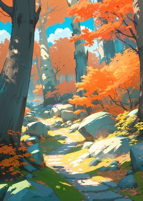 Forest Digital Art, Forrest Drawing Digital, Forest Landscape Digital Art, Fall Landscape Digital Art, Forest Comic Background, Forest From Above Illustration, Painters Studio, Bridge Art, Woodland Art