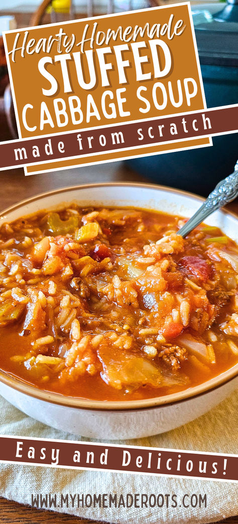 This Stuffed Cabbage Soup has all of the flavor of a pan of homemade stuffed cabbage without all of the work. Perfect for a weeknight or anytime you want a hearty yet easy meal. Stuffed Cabbage Soup Crockpot Easy, Stuffed Cabbage Stew, Instant Pot Stuffed Cabbage Soup, Cabbage Soup With Tomato Juice, Single Serving Soup Recipes, Crockpot Soup Recipes Ground Beef, Soup For The Week, Cabbage Kale Soup, Cabbage Soup With Rice