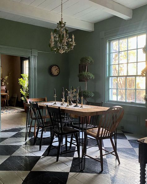 6 Greenery Scroll Stoppers 9 Checkered Floor Kitchen, Scroll Stoppers, Black And White Dining Room, Checkerboard Floor, Rustic Wooden Table, White Tile Floor, Floor Ideas, Black And White Tiles, Green Cabinets