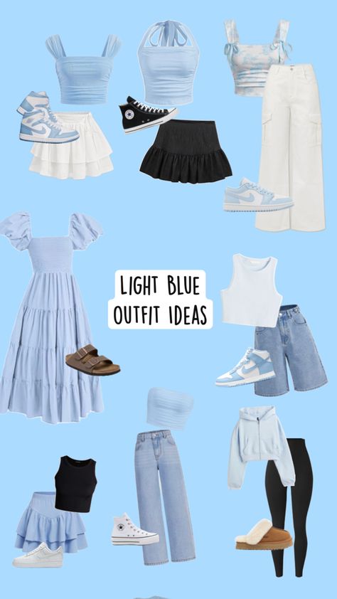 Here are some more blue ideas but this time light blue Trendy Light Blue Cheap Shirt, Cute Light Blue Outfits Aesthetic, Light Blue Aesthetic Outfit, Fitted Light Blue Lehenga For Festivals, Cute Light Blue Tops For Playtime, Baby Blue Outfit Ideas, Light Blue And White Outfit, Light Blue Outfit Aesthetic, Trendy Light Blue Crop Top