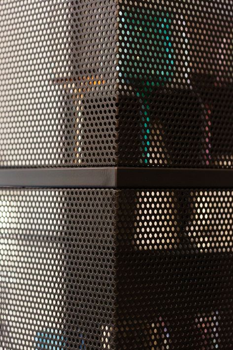 micro perforated steel painted matt black, by a3lier design, Fabrizio Fobert architect Metal Mesh Screen, Perforated Metal Panel, Perforated Steel, Steel Paint, Metal Stairs, Metal Gates, Mall Design, Expanded Metal, Steel Detail