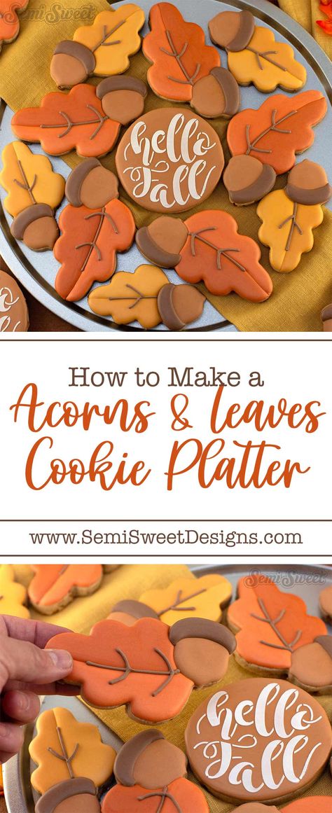 acorn and leaves cookie platter made from royal icing. Acorn Cutout Cookies, Fall Royal Icing Colors, Fall Leaves Cookies Decorated, Mug Cookie Recipes, Acorn Leaves, Acorn Cookies, Royal Icing Decorated Cookies, Leave Cookies, Cookie Recipes Decorating