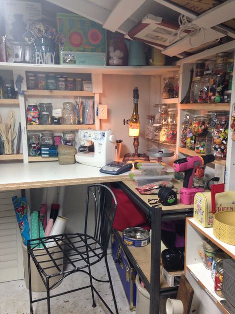 Craft Shed-yep, it's awesome! Sewing Shed Craft Rooms, Craft Shed Interior, Craft Shed Interior Ideas, Shed Interior Design Ideas, Shed Homes Interior, She Shed Craft Room, She Shed Decorating Ideas, She Shed Interior, Garden Shed Interiors