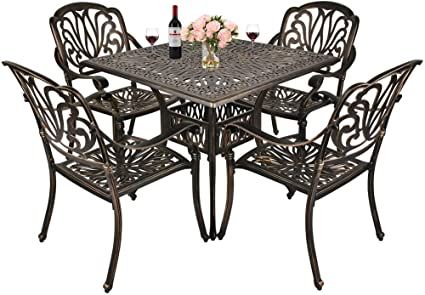 Amazon.com: TITIMO 5-Piece Outdoor Furniture Dining Set, All-Weather Cast Aluminum Conversation Set Includes 4 Chairs and 1 Square Table with Umbrella Hole for Patio Garden Deck, Blooming Flower Design: Garden & Outdoor Patio Furniture Dining Set, Table With Umbrella, Outdoor Conversation Sets, Patterned Chair, Aluminum Patio, Aluminum Furniture, Square Table, Deck Garden, Patio Dining Set