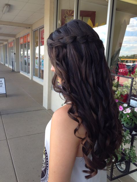 Curls With Waterfall Braid, Waterfall Braid Brown Hair, Prom Hairstyles With Braids And Curls, Wedding Waterfall Braid, Waterfall Braid With Curls Wedding, Waterfall Half Up Half Down, Hairstyles For Prom Medium Length Curls, Curled Hair With Braids, Braid With Curls