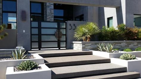 HGTV shows you a modern home's front entry with concrete steps and a stylized desert landscape. Front Steps Ideas Concrete, Front Steps Ideas, Landscape Design Front Of House, Concrete Entrance, Frontyard Landscape, Concrete Front Steps, Map House, Low Water Landscaping, Contemporary Landscape Design